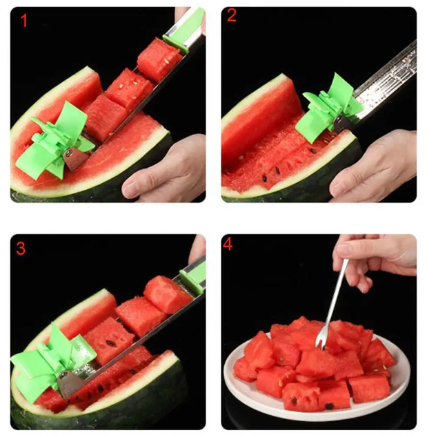 Ніж-слайсер SUNROZ Watermelon Slicer для кавуна та дині з нержавіючої сталі ручний різак для фруктів швидка нарізка рівними скибками кухонний інструмент для кавуна дині зручний пластиковий корпус легкий фруктовий слайсер - изображение 4
