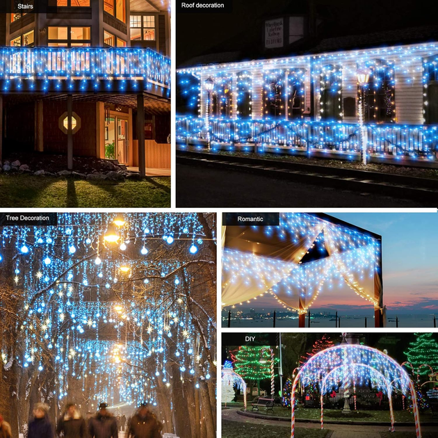 Уличная гирлянда-бахрома 10 м 400 LED синий+белый | Шторные светодиоды с таймером, 8 режимов, IP44 - изображение 3