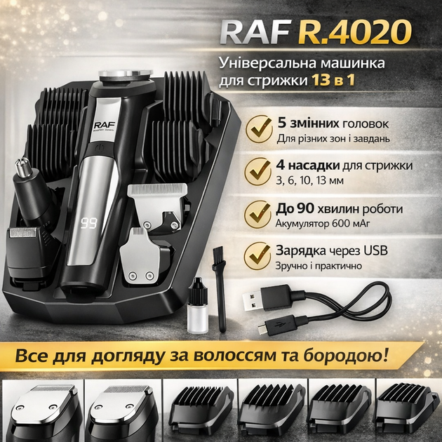 Акумуляторна машинка з 5 змінними головками і 4 насадками для стрижки RAF R.4020 - изображение 3