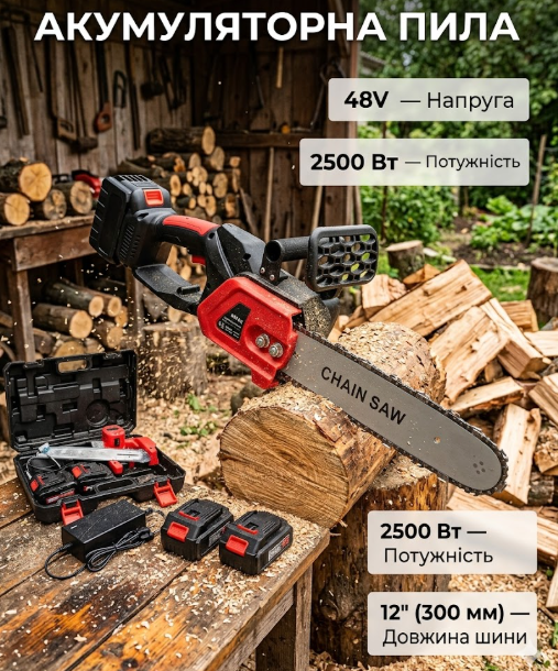 Акумуляторна ланцюгова пила 12" (300 мм), бесщіткова, 48V, 2 акумулятори 6Ah, 2500 Вт, автоматичне змащення ланцюга, безключова натяжка, червона - зображення 6