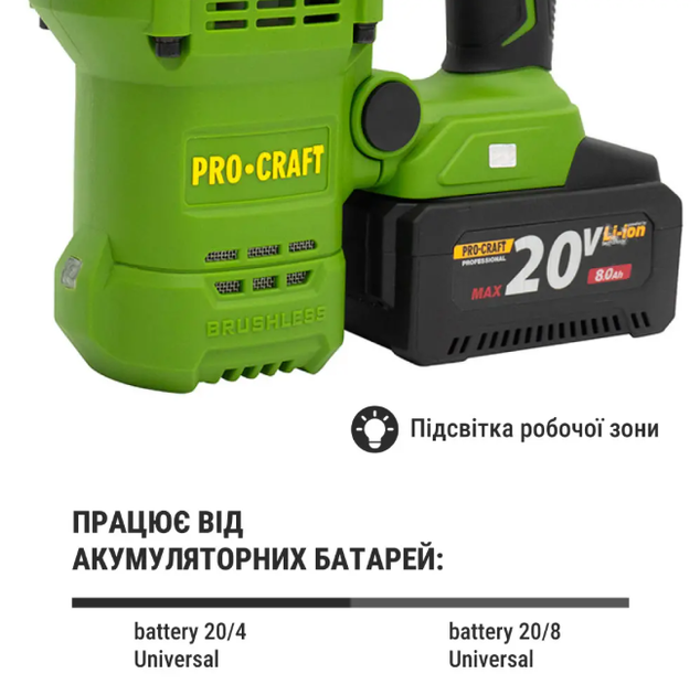 Акумуляторний перфоратор Procraft 20 В безщітковий двигун 7 Дж SDS MAX з підсвічуванням 1 акумулятор 8 Аг кейс - зображення 8
