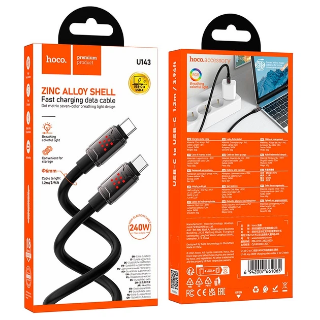 Кабель HOCO U143 Joy charging data cable Type-C to Type-C 240W 5A 1.2m Black - изображение 8