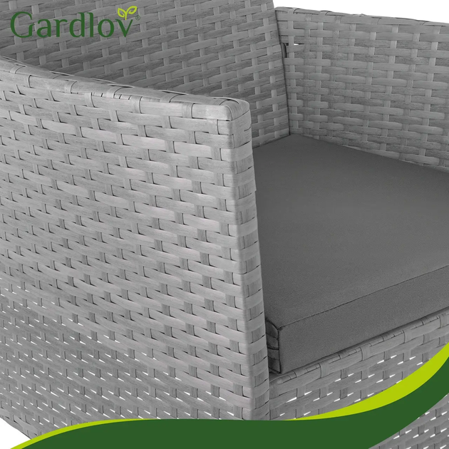 Комплект садових меблів із ротанга Gardlov 26907, диван + 2 крісла + столик, подушки, антрацит, техноротанг - зображення 9