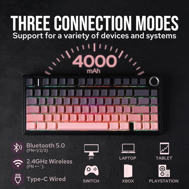 Бездротова ігрова механічна клавітура Aula F75 Pink-black gradient / Рожево-чорний градієнт - изображение 13