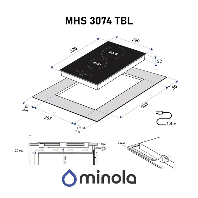 Варочная поверхность Domino Minola MHS 3074 TBL, черная электрическая стеклокерамическая компактная на 2 конфорки Hi-Light - изображение 10