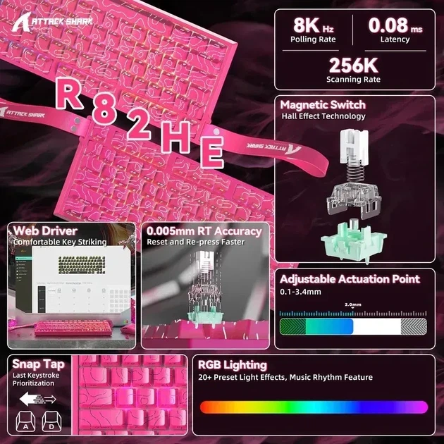 Магнітна клавіатура Attack Shark R82 HE Pink, розмір 75%, Hall Effect, Rapid Trigger, 8000 Гц опитування, RGB підсвічування - зображення 8
