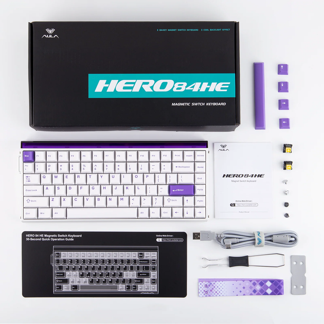 Магнітна клавіатура AULA HERO 84 HE White Purple, розмір 75%, Hall Effect, Rapid Trigger, 8000 Гц опитування, RGB підсвічування - Фото 2 Магнітна клавіатура AULA HERO 84 HE White Purple, розмір 75%, Hall Effect, Rapid Trigger, 8000 Гц опитування, RGB підсвічування - зображення 2