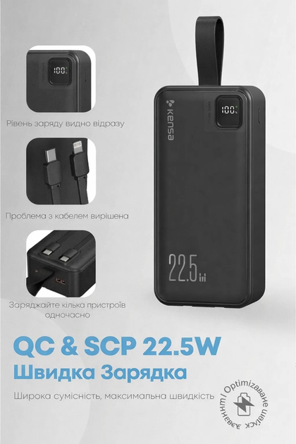 Повербанк Kensa 30000 mAh універсальний повербанк з швидкою зарядкою 22.5W та вбудованими кабелями - зображення 5