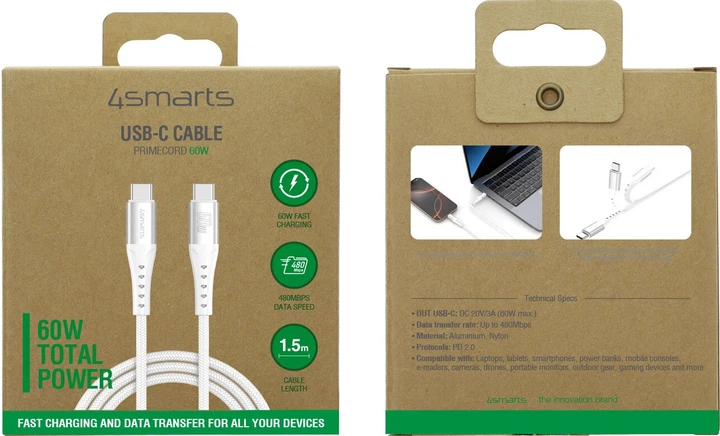 Кабель 4smarts USB-C Cable PrimeCord 60W 1.5 m White (4252011911349) - зображення 3