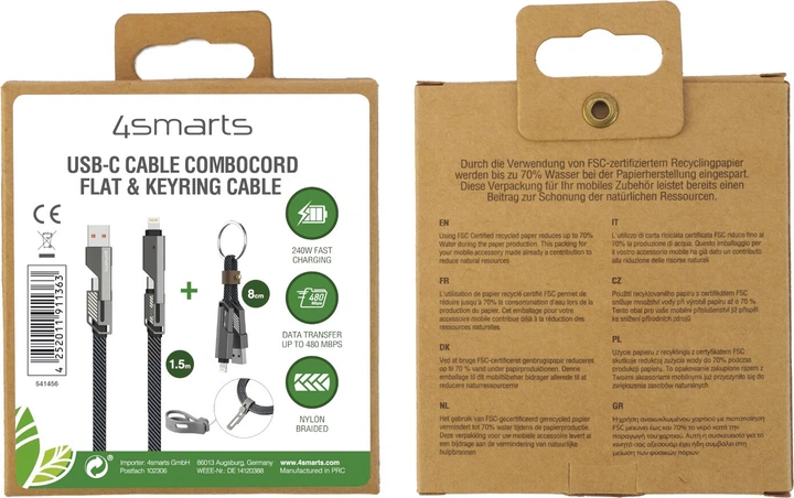 Kabel 4smarts USB-C Cable ComboCord Flat 240W, 1.5 m and Keyring Cable Graphite (4252011911363) - obraz 5
