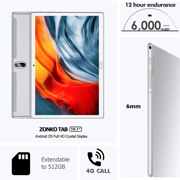 Планшет 10,1" Full HD Zonko D118 4/64 ГБ 4G 2-SIM 8 ядер Android 13 6000 мАч Бело-серый Б/В - изображение 3