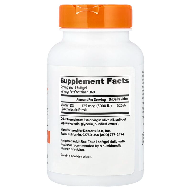 Витамин D3, Doctor's Best "Vitamin D3" холекальциферол, 125 мкг / 5000 МЕ (360 гелевых капсул) - изображение 2