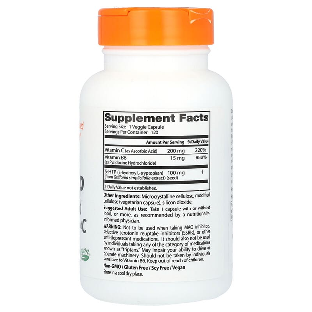 5-гидрокситриптофан Doctor's Best "5-HTP Enhanced with Vitamins B6 and C" аминокислота обогащенная витаминами Б6 и С, 100 мг / 15 мг / 200 мг (120 вегетарианских капсул) - изображение 2