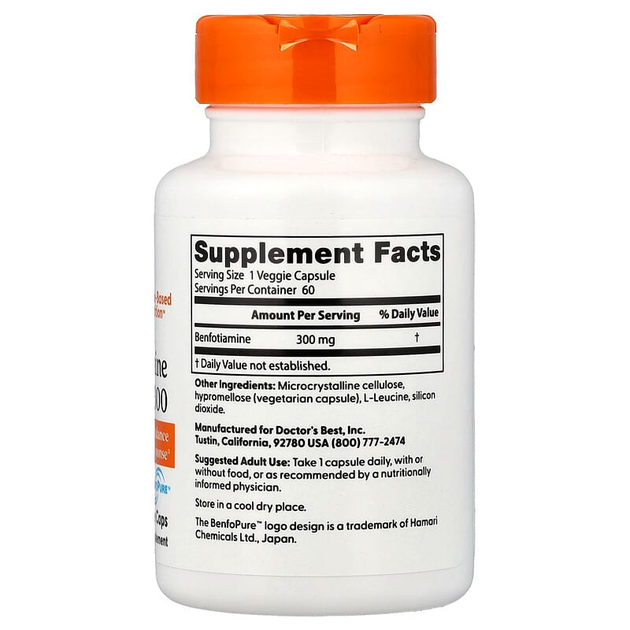 Бенфотиамин Doctor's Best "Benfotiamine with BenfoPure" биодоступная форма витамина В1, 300 мг (60 капсул) - изображение 2
