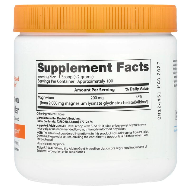Хелатный магний в порошке Doctor's Best "High Absorption Magnesium Powder" 200 мг (200 г) - изображение 2