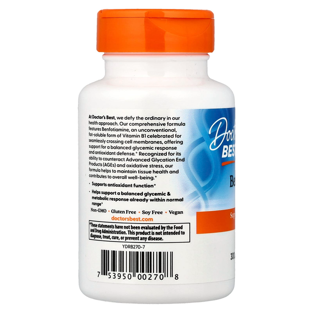 Бенфотиамин Doctor's Best "Benfotiamine with BenfoPure" биодоступная форма витамина В1, 300 мг (60 капсул) - изображение 3