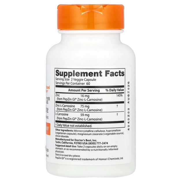 Комплекс цинк-L-карнозину Doctor's s Best "PepZin GI" здоров'я кишкової флори (120 капсул) - зображення 2