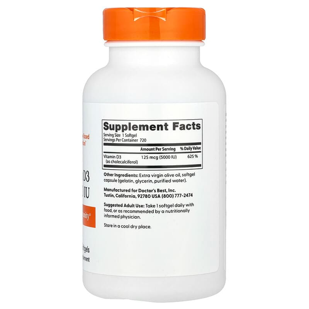 Вітамін D3, Doctor's s Best "Vitamin D3" холекальциферол, 125 мкг / 5000 МО (720 гельових капсул) - зображення 2