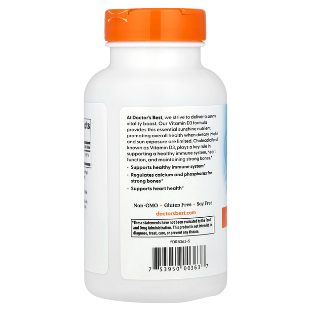 Вітамін D3, Doctor's s Best "Vitamin D3" холекальциферол, 125 мкг / 5000 МО (720 гельових капсул) - зображення 3