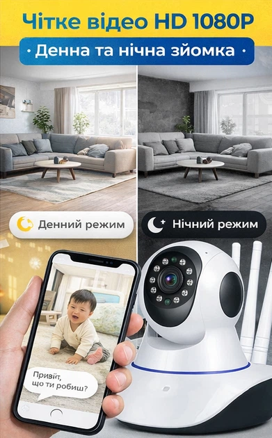 Відеоняня, Внутрішня Wi-Fi камера спостереження з поворотом 355°, HD 1080p, нічне бачення, датчик руху, двосторонній аудіозв'язок, сирена, слот microSD до 64 ГБ - зображення 3