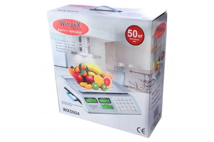 Торгові електронні ваги Wimpex WX-5004 до 50 кг, лічильник ціни, платформа з нержавіючої сталі 23×34.5 см, акумуляторні ваги для магазину - изображение 6