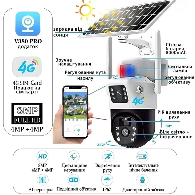 Вулична 4G IP-камера CAMERA SD 35-4G із сонячною панеллю, PTZ, Full HD 8 Мп, нічне бачення, детектор руху та двосторонній аудіозв'язок - зображення 2