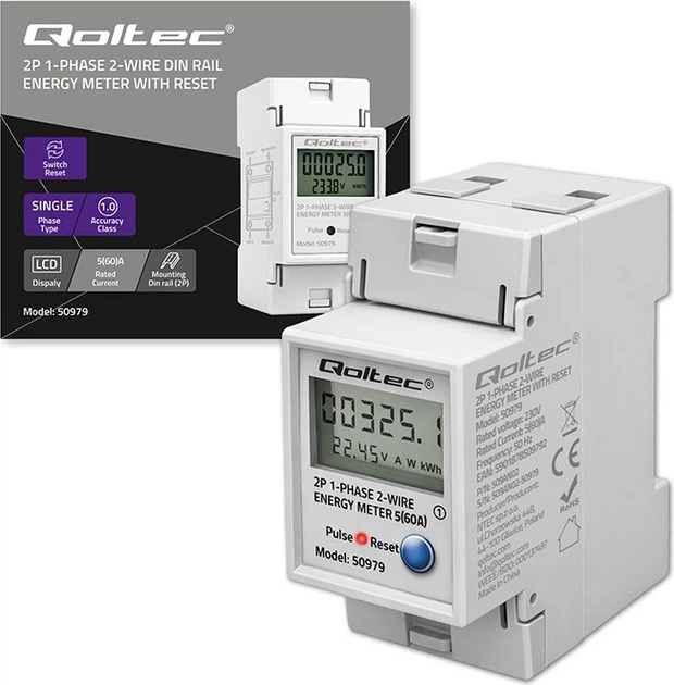 Miernik zużycia energii elektrycznej Qoltec jednofazowy z resetem 400 V 100 A LED na szynę DIN (5901878509792) - obraz 7