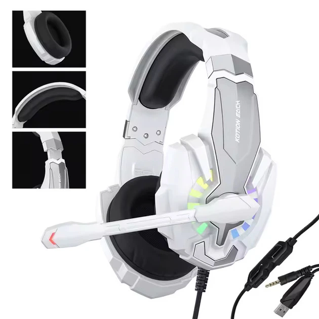 Игровая гарнитура KOTION EACH G9000 Plus для ПК и консолей с RGB-подсветкой и микрофоном (Белый) - Фото 2 Игровая гарнитура KOTION EACH G9000 Plus для ПК и консолей с RGB-подсветкой и микрофоном (Белый) - изображение 2