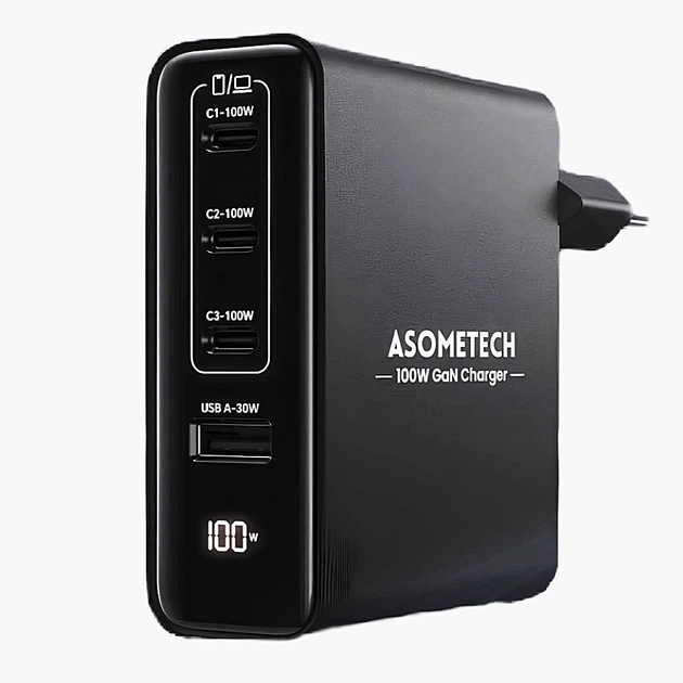 Сетевое зарядное устройство Asometech 100W GaN Fast USB Charger 3C1A (RCE-10002) - Фото 1 Сетевое зарядное устройство Asometech 100W GaN Fast USB Charger 3C1A (RCE-10002) - изображение 1