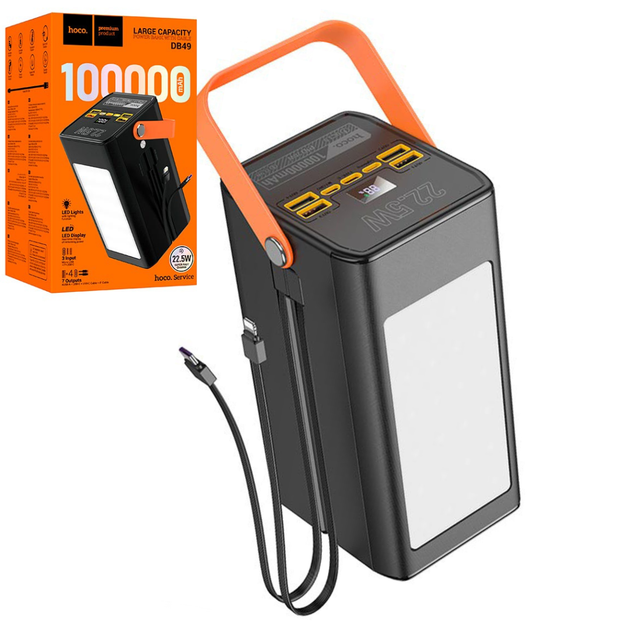 Повербанк Hoco DB49 Action 100000mAh 22.5w швидка зарядка, ліхтар, вбудовані кабелі Чорний - Фото 2 Повербанк Hoco DB49 Action 100000mAh 22.5w швидка зарядка, ліхтар, вбудовані кабелі Чорний - зображення 2