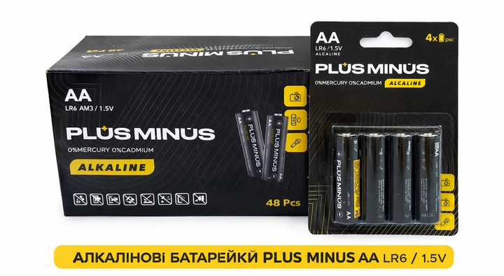 Алкалайн Plus Minus AA — пальчикові батарейки, 1.5 В, упаковка 48 шт. - Фото 1 Алкалайн Plus Minus AA — пальчикові батарейки, 1.5 В, упаковка 48 шт. - зображення 1
