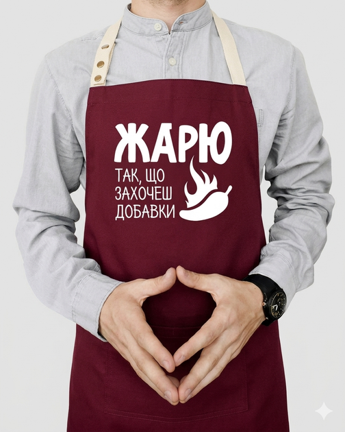 Мужской фартук на подарок с надписью «Жарю так, що захочеш добавки» (бордовый) - Фото 1 Мужской фартук на подарок с надписью «Жарю так, що захочеш добавки» (бордовый) - изображение 1
