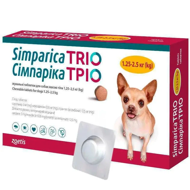 Simparica TRIO протипаразитарна жувальна таблетка від бліх, гельмінтів та кліщів для собак 1,25-2,5 кг, 1 табл - Фото 1 Simparica TRIO протипаразитарна жувальна таблетка від бліх, гельмінтів та кліщів для собак 1,25-2,5 кг, 1 табл - зображення 1
