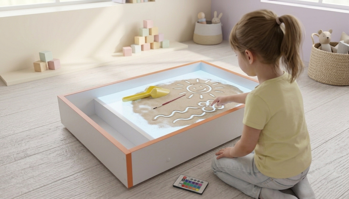 Світлова пісочниця планшет SandyBOX , сенсорний стіл для малювання піском, 75×43, з RGB підсвіткою, білий з з помаранчевою окантовкою - зображення 3