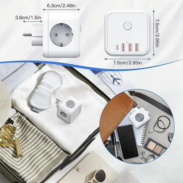 Тройник для розетки с USB портами 3 розетки и 3 порта USB 1 Type-C с выключателем и зарядкой юсб - изображение 5