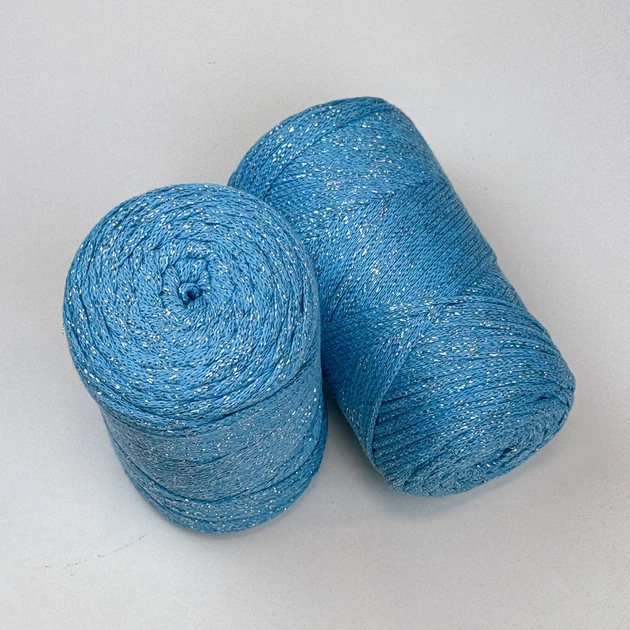 Шнур плетений з люрексом YarnArt macrame cotton Lurex 2мм блакитний люрекс срібло (№733) - изображение 2