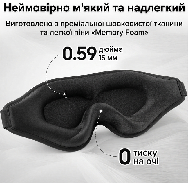 Маска для сна 3D с эффектом памяти объемная анатомическая повязка без давления на глаза дышащая для путешествий и дома чорная Kayfovo BO-1 - изображение 4