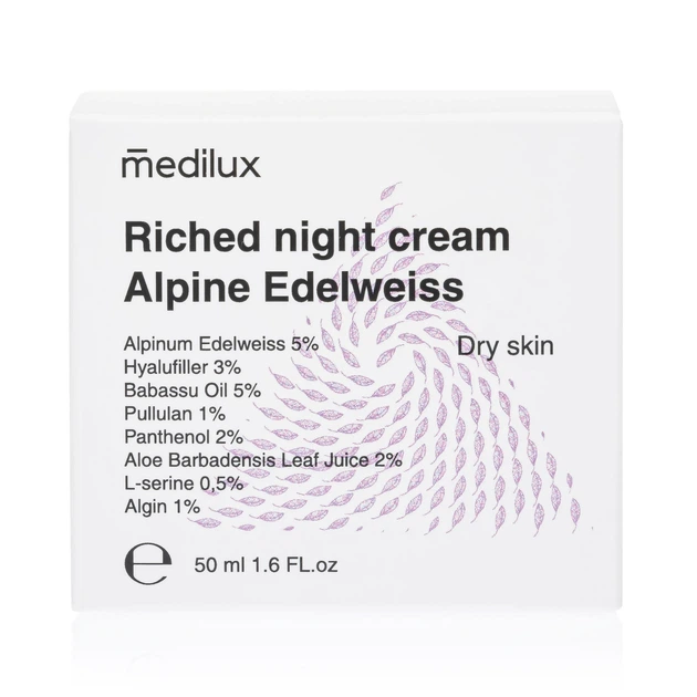 Ночной крем Альпийский Эдельвейс для сухой и чувствительной кожи Medilux Riched night cream Alpine Edelweiss 50 мл - Фото 1 Ночной крем Альпийский Эдельвейс для сухой и чувствительной кожи Medilux Riched night cream Alpine Edelweiss 50 мл - изображение 1
