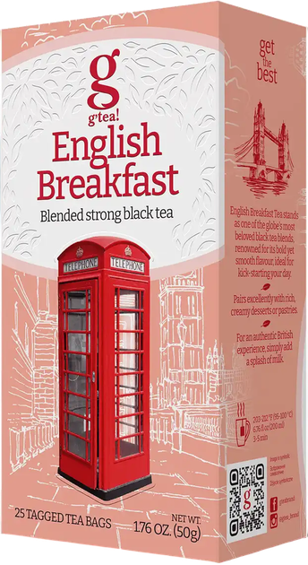 Черный крепкий чай English Breakfast g'tea 25 пакетиков - крепкий к завтраку - Фото 1 Черный крепкий чай English Breakfast g'tea 25 пакетиков - крепкий к завтраку - изображение 1
