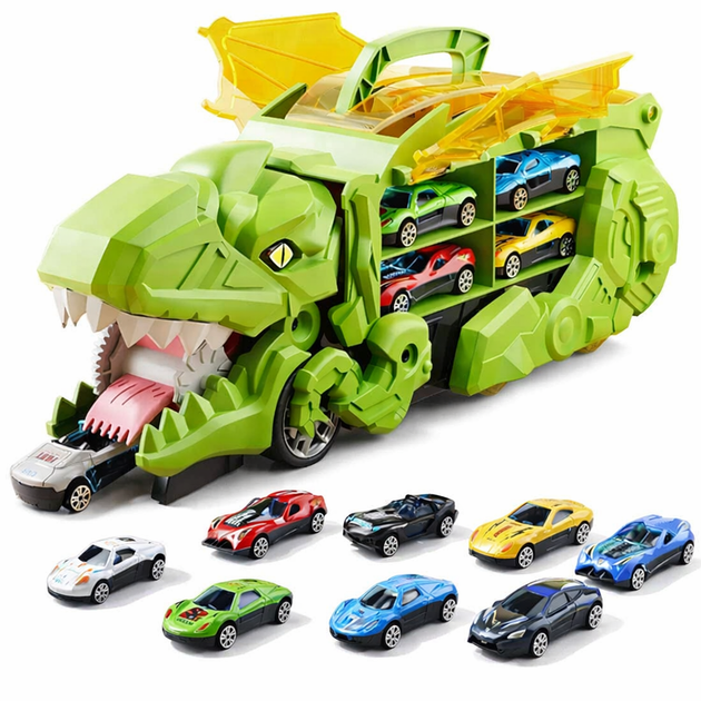 Автовоз трейлер динозавр трансформер Dino T-Rex 3в1 8 машинок зеленый - Фото 3 Автовоз трейлер динозавр трансформер Dino T-Rex 3в1 8 машинок зеленый - изображение 3