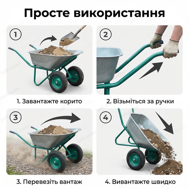 Тачка будівельна Dozer 110/200л корито для будмайданчика сипучих матеріалів до 340кг оцинковане 2 колеса - зображення 8