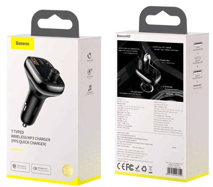 FM-трансмиттер Baseus T Shaped S-13 36Вт 12В-24В 3 порта USB Type-C черный для автомобиля и музыки - изображение 2