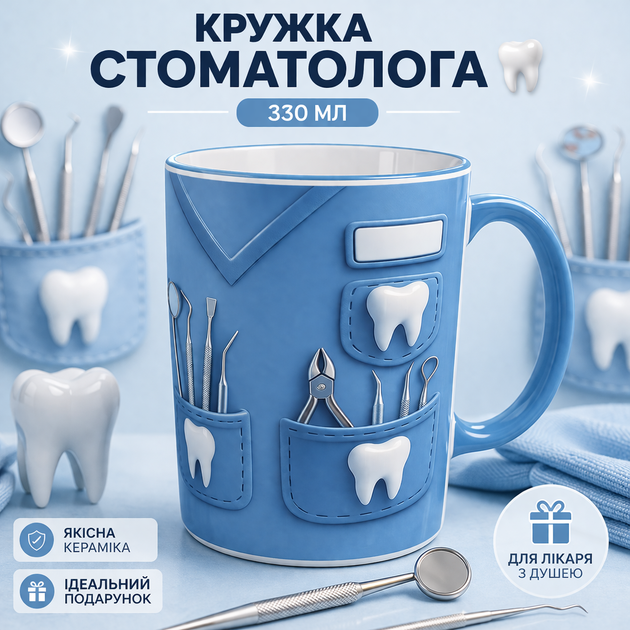 Кружка стоматолога 330 мл | Подарунок лікарю, стоматологу (блакитна ручка) - Фото 1 Кружка стоматолога 330 мл | Подарунок лікарю, стоматологу (блакитна ручка) - зображення 1