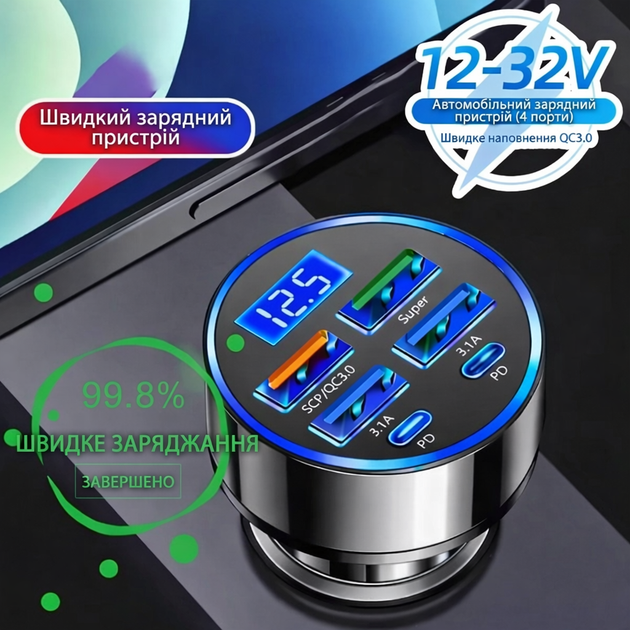 Автомобільний зарядний пристрій у прикурювач 6 портів PD QC 3.0 з LED вольтметром 12 V 24 V - зображення 2