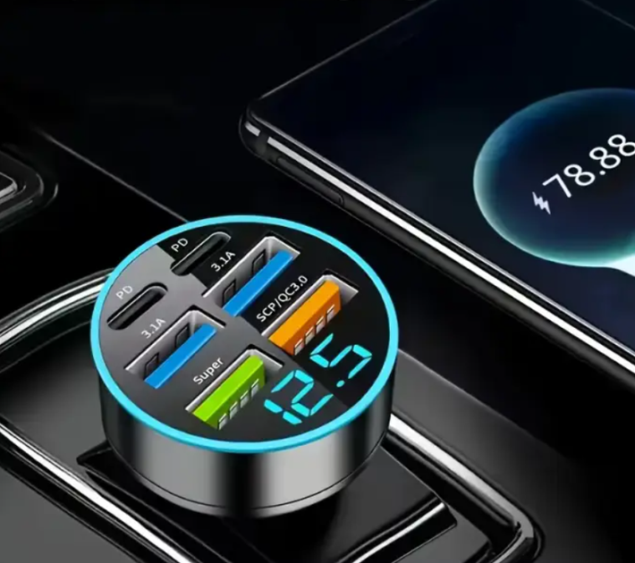 Автомобільний зарядний пристрій у прикурювач 6 портів PD QC 3.0 з LED вольтметром 12 V 24 V - зображення 4