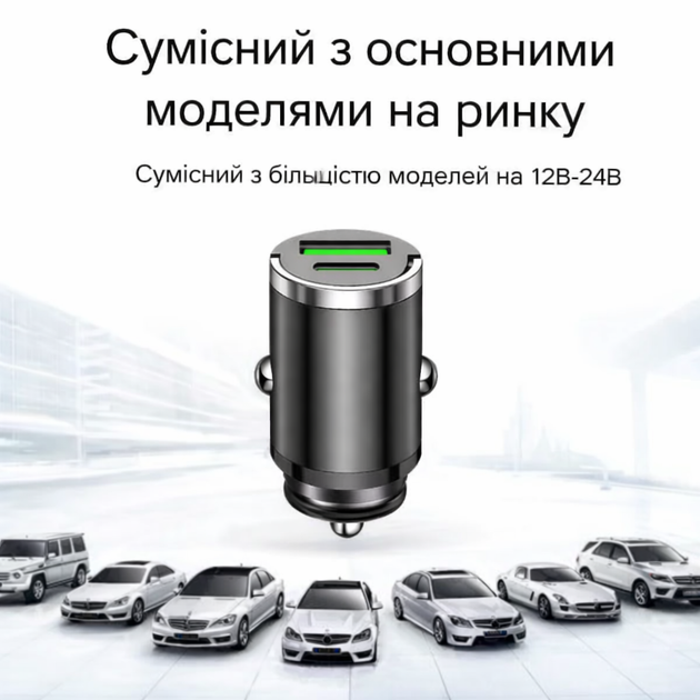 Автомобільний зарядний пристрій PD QC 3.0 2 порти, компактний, 12 24 V - зображення 6