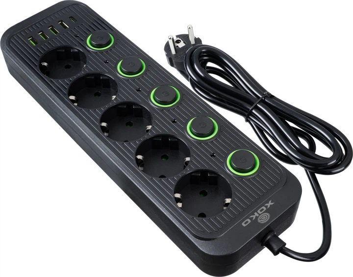 Сетевой фильтр XoKo SP-5-2-1, 2м, 5 розеток, 2 USB-A, 1 USB-C, выключатели каждой розетки Черный (XK-SP-5-2-1-BK) - изображение 2