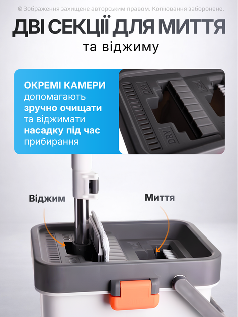Швабра з відром віджимом для віджиму комплект для прибирання миття підлоги телескопічна прямокутна двосекційне відро 14 л безконтактний автоматичний віджим насадки з мікрофібри 2 шт довга ручка для ламінату плитки вікон дому біла блакитна - изображение 4