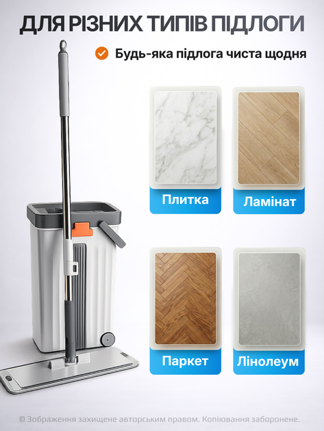 Швабра з відром віджимом для віджиму комплект для прибирання миття підлоги телескопічна прямокутна двосекційне відро 14 л безконтактний автоматичний віджим насадки з мікрофібри 2 шт довга ручка для ламінату плитки вікон дому біла блакитна - изображение 8