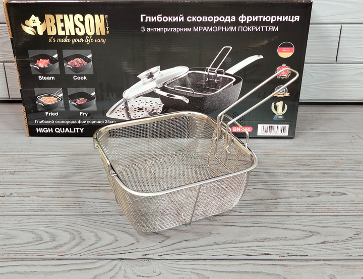 Сковорода-сотейник Benson BN-355 4 в 1 24 см, фритюрниця пароварка з мармуровим покриттям, квадратна сковорода з кришкою та кошиком для фритюру, універсальний кухонний набір для всіх плит та духовки - изображение 8